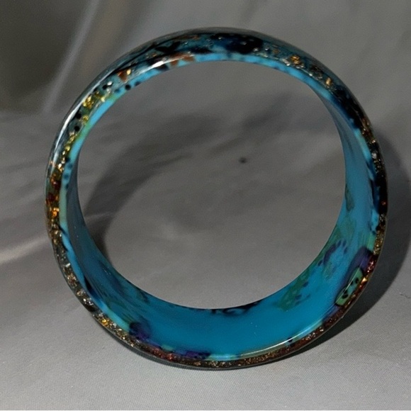 Artisan Teal and Gold Lucite Chunky Bangle Floral Paisley Bracelet Dimensional - Picture 4 of 9